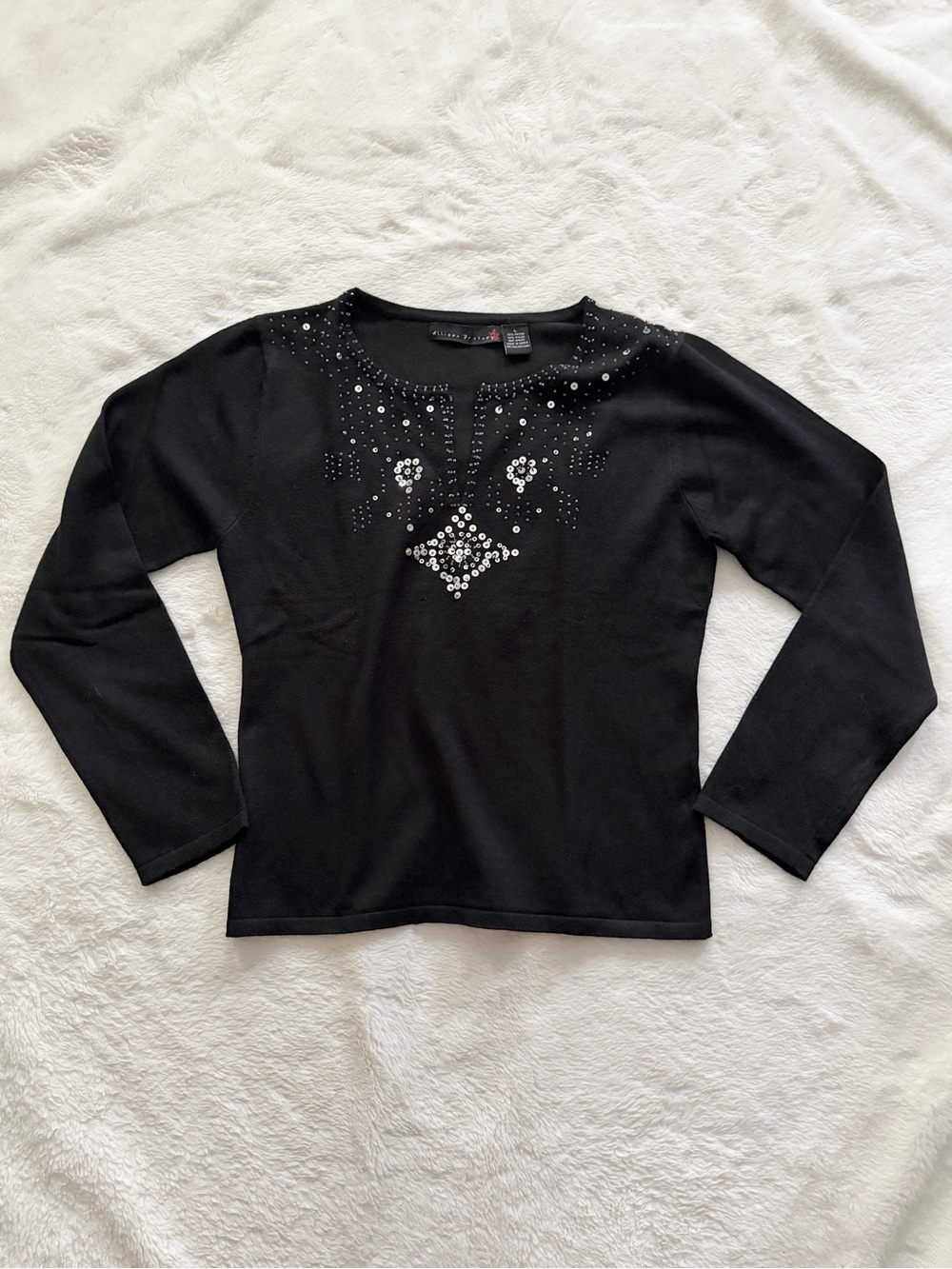 Allison Brittney Long Sleeve Knit Sweater Beaded Sequin Neck Black Size Large